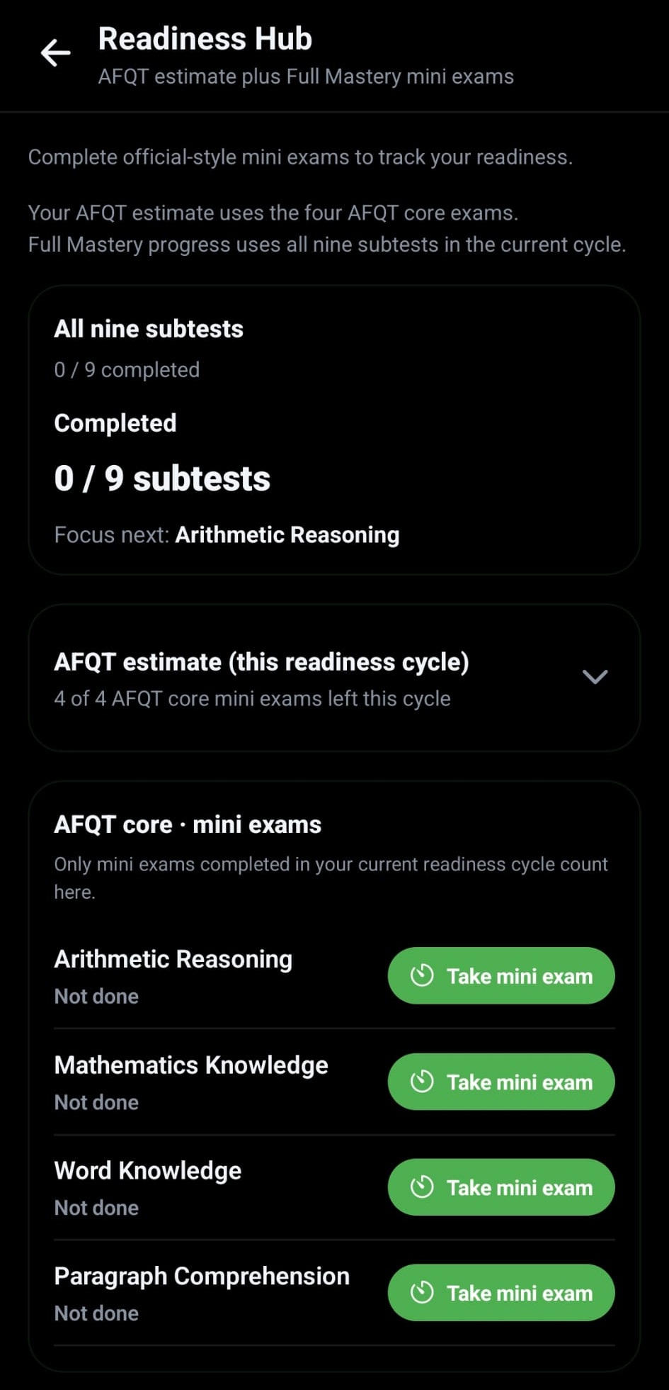 ASVAB Prep readiness hub with AFQT and full mastery mini exams