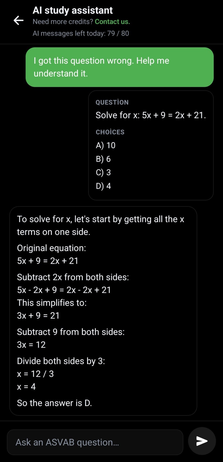 ASVAB Prep AI study assistant explanation screen