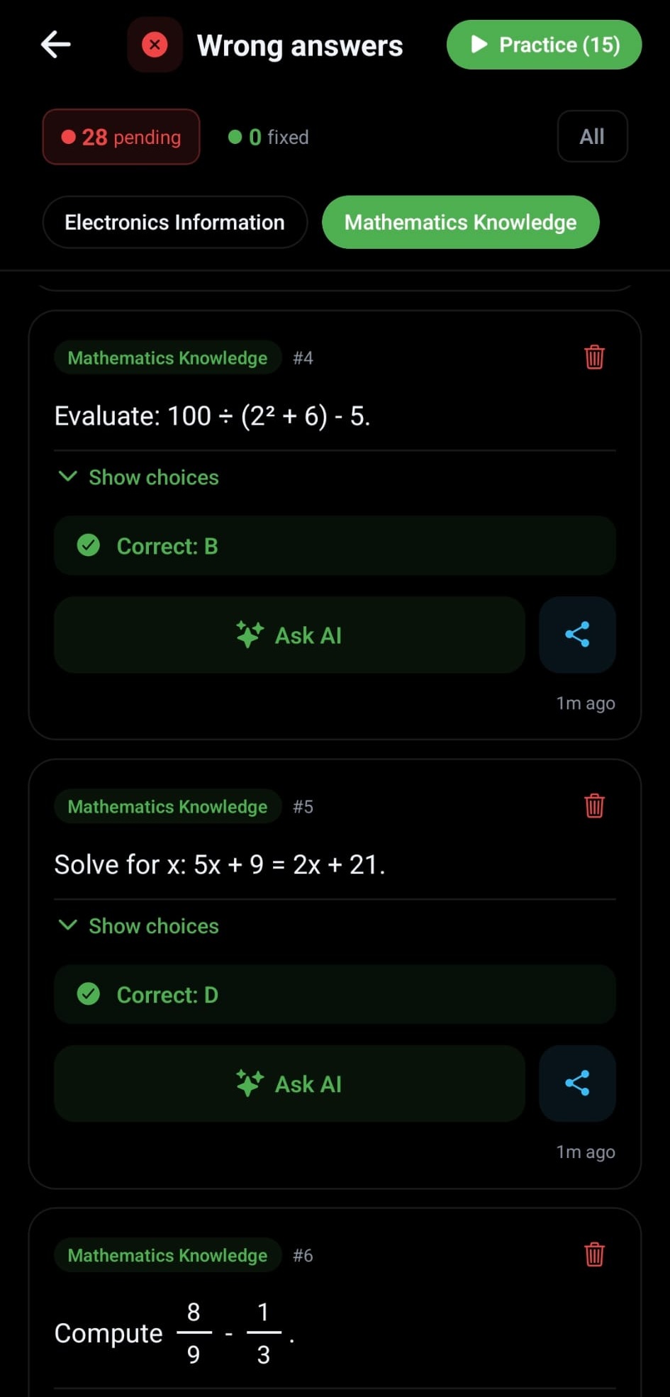ASVAB Prep wrong answers review screen