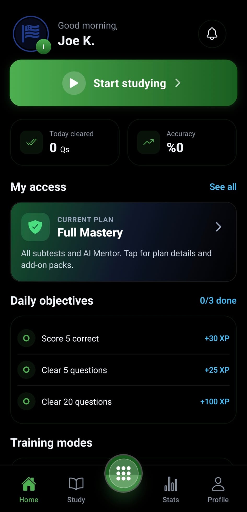 ASVAB Prep home screen with daily objectives and Full Mastery access