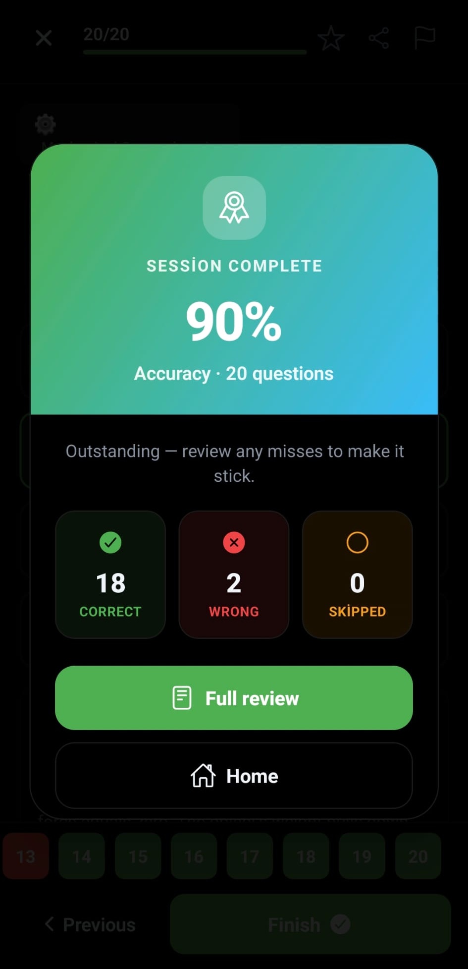 ASVAB Prep session complete result screen with accuracy