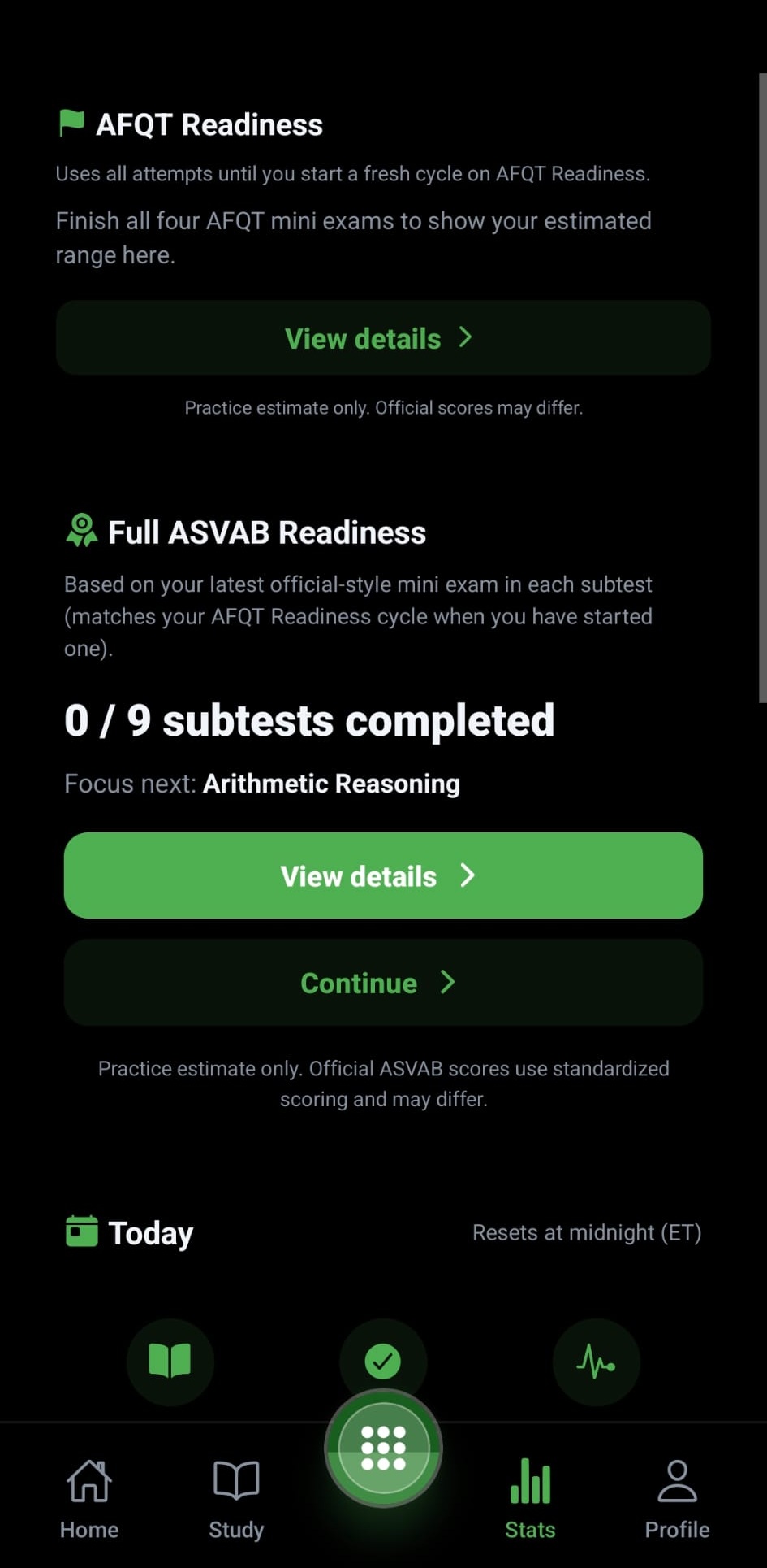 ASVAB Prep stats screen showing AFQT readiness and full ASVAB readiness