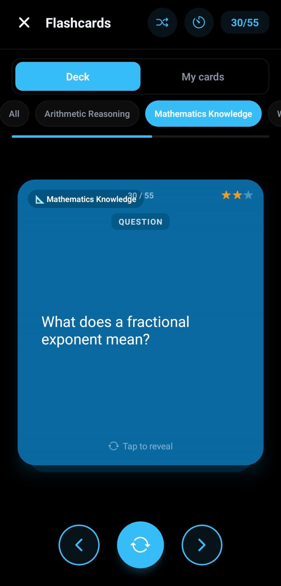 ASVAB Prep flashcards question screen for mathematics knowledge