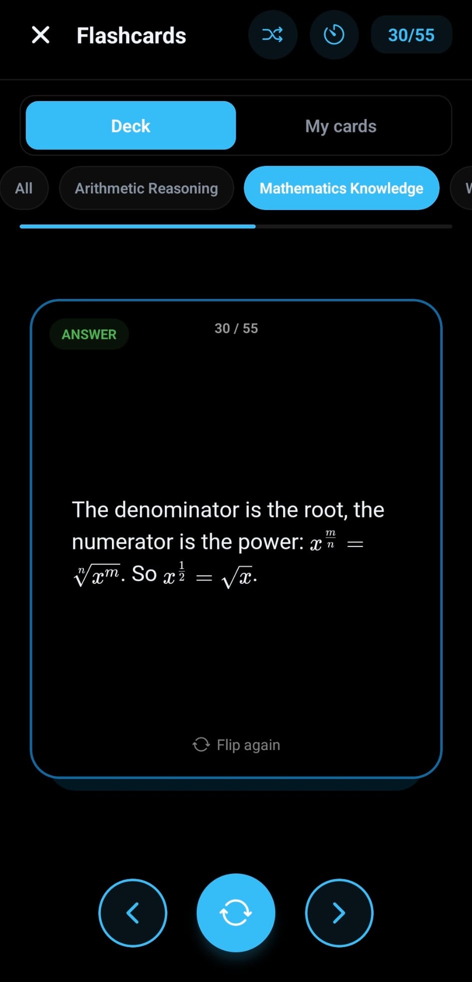 ASVAB Prep flashcards answer screen with a math explanation